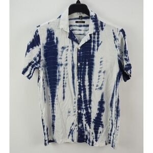 YU Men's 40 Medium Short Sleeve White Blue Acid Wash Viscose Open Camp Shirt